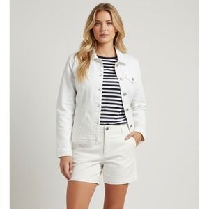 Tribal Jeans White Denim Size Large Trucker Jacket Longline Stretch